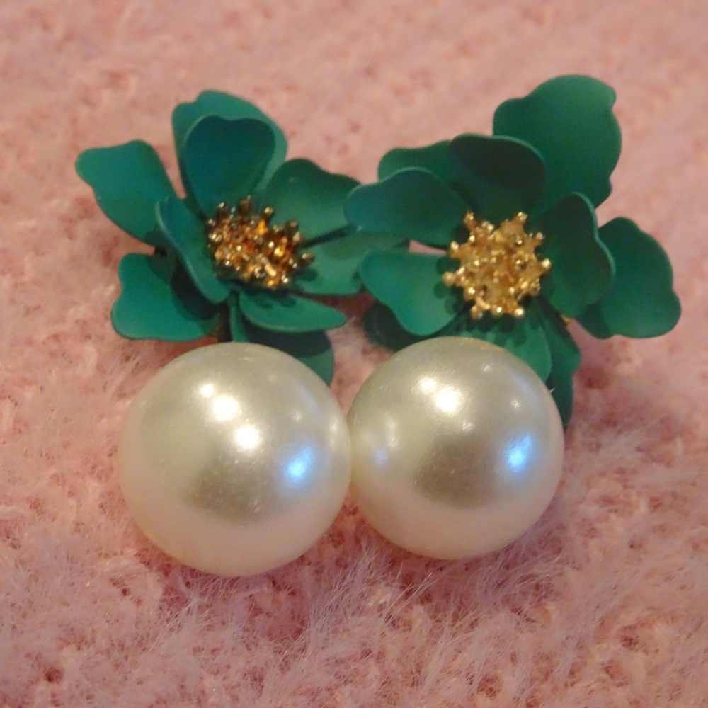 Teal Flower & White Faux Pearl Big Post Floral Dangle Spring Statement Earrings